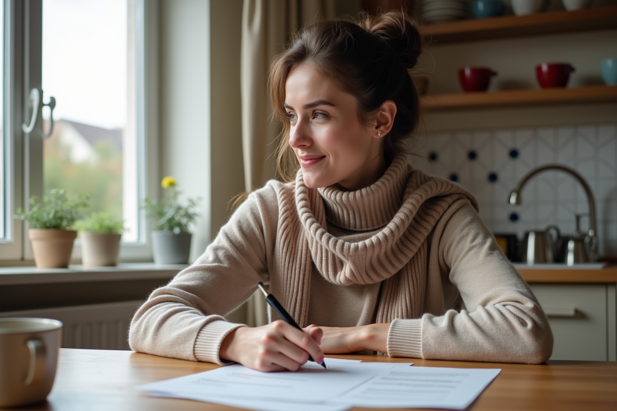 Jeune femme signant un contrat de prêt à la maison