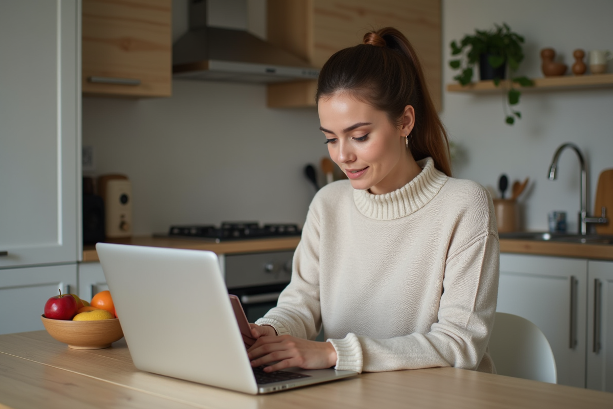 Femme assise à la cuisine vérifiant son smartphone