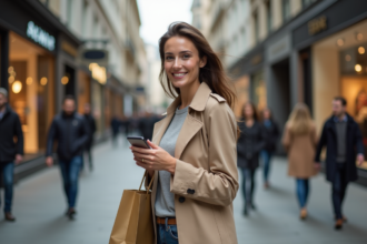 Femme souriante en trench beige avec carte or et smartphone
