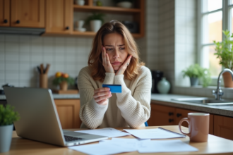 Femme inquiète avec carte et smartphone à la maison
