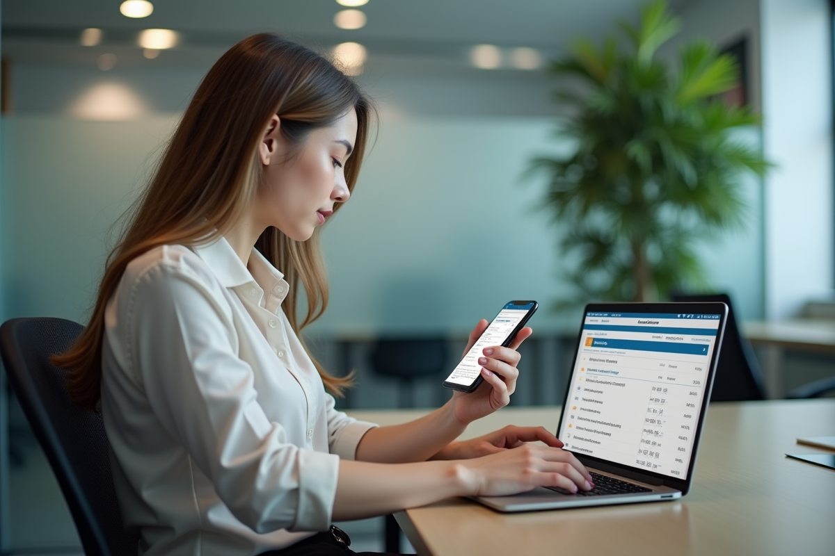 Jeune femme en blouse professionnelle utilisant son ordinateur et son téléphone