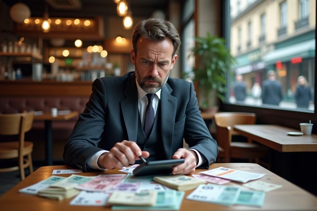 Homme d'affaires concentré avec des billets et reçus