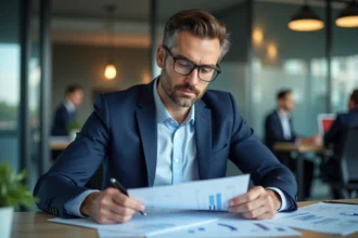 Homme d'affaires en costume bleu lors d'une réunion