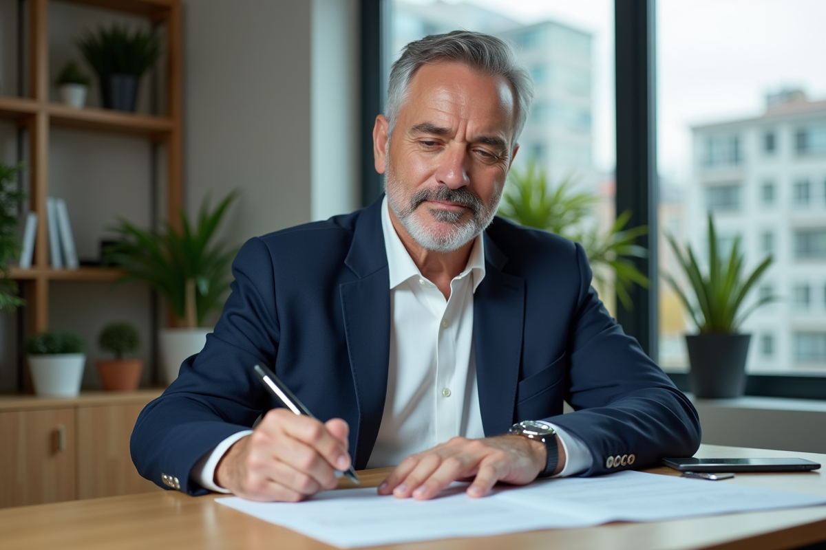 Homme d'âge moyen en costume bleu dans un bureau moderne