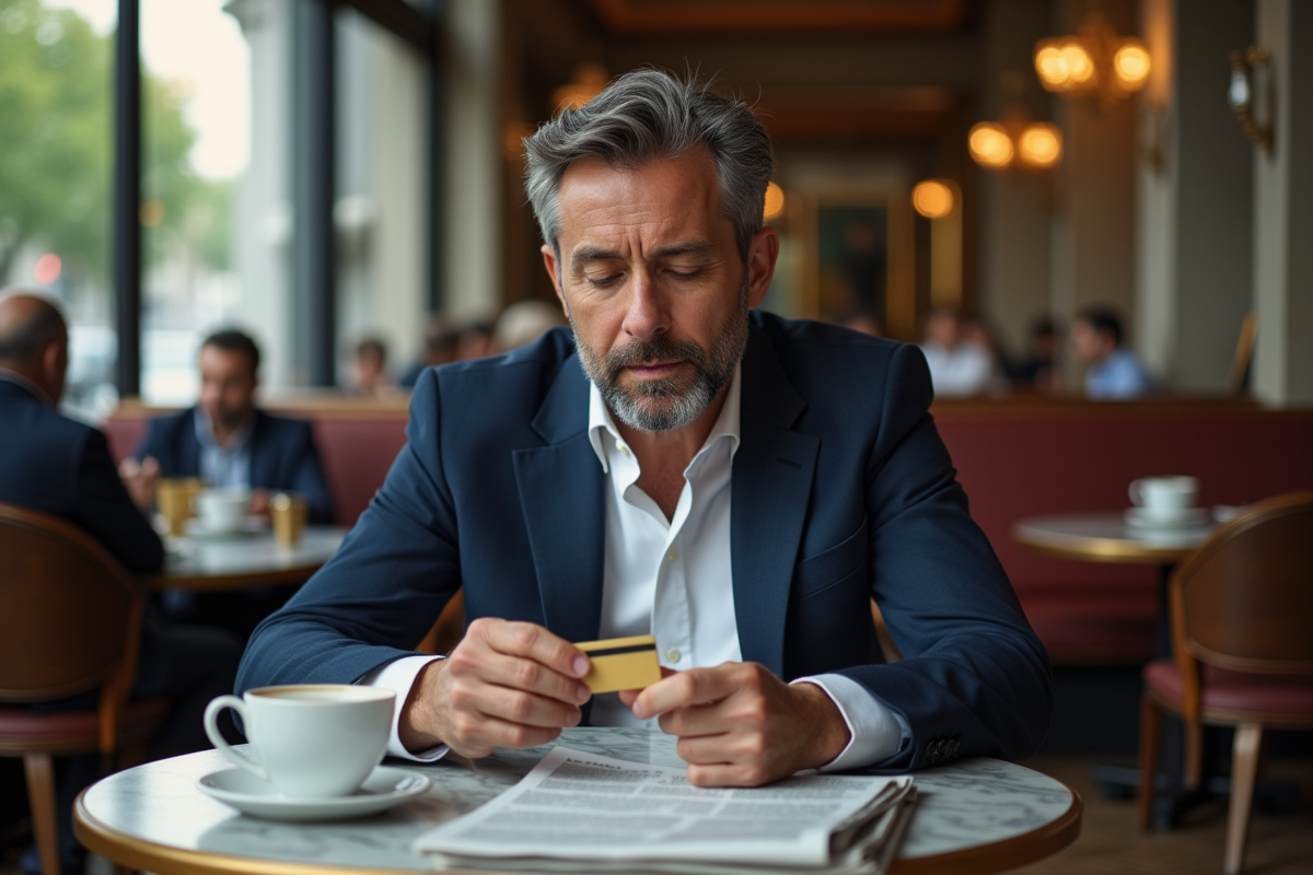 Homme d age en costume examinant portefeuille de credit