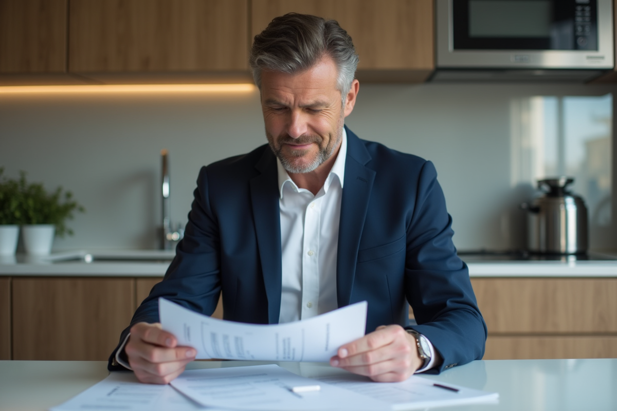 Homme d'âge moyen en costume bleu examinant ses documents fiscaux