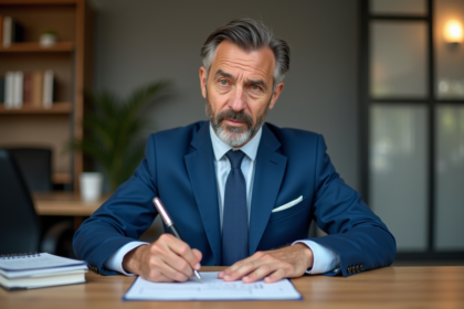 Homme d'affaires en costume bleu remplissant un formulaire d'assurance prêt