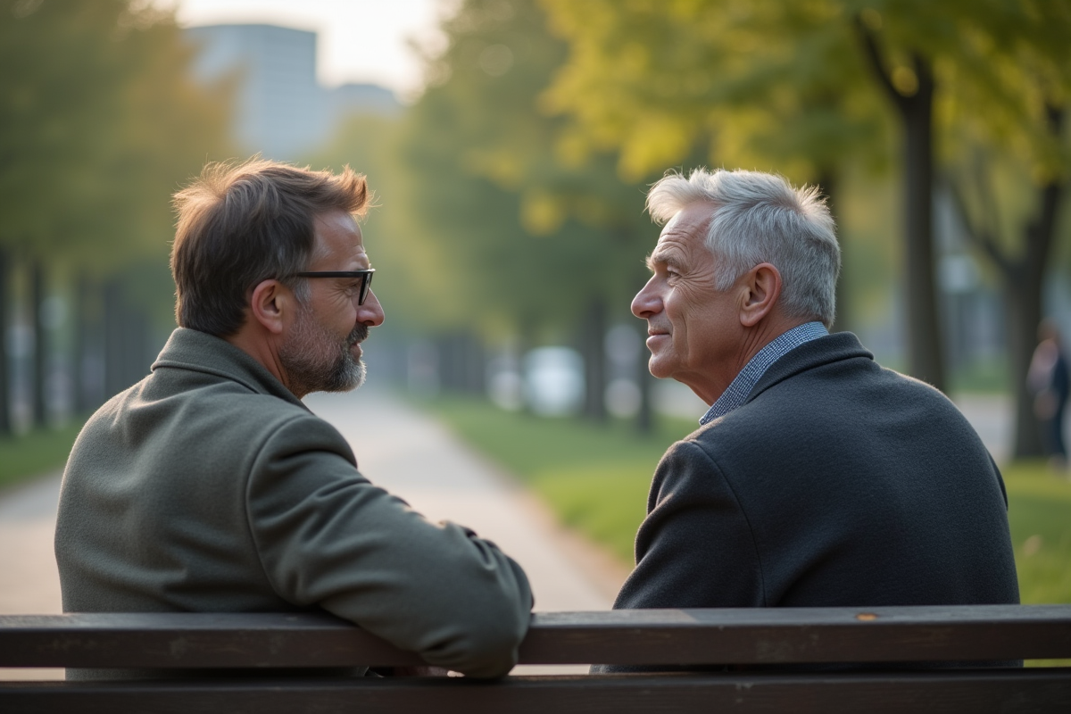 Homme âgé discutant avec un jeune dans un parc pour l