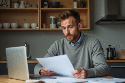 Homme d'âge moyen examine des papiers dans une cuisine moderne