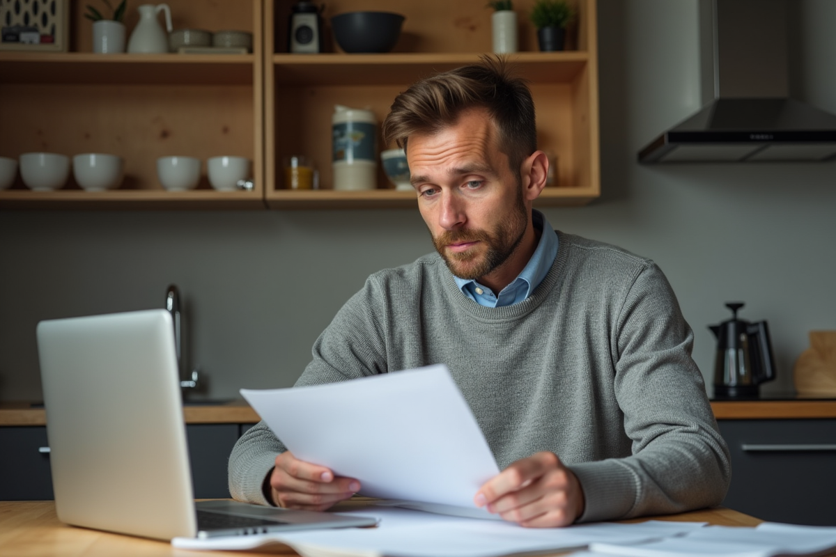 Homme d'âge moyen examine des papiers dans une cuisine moderne