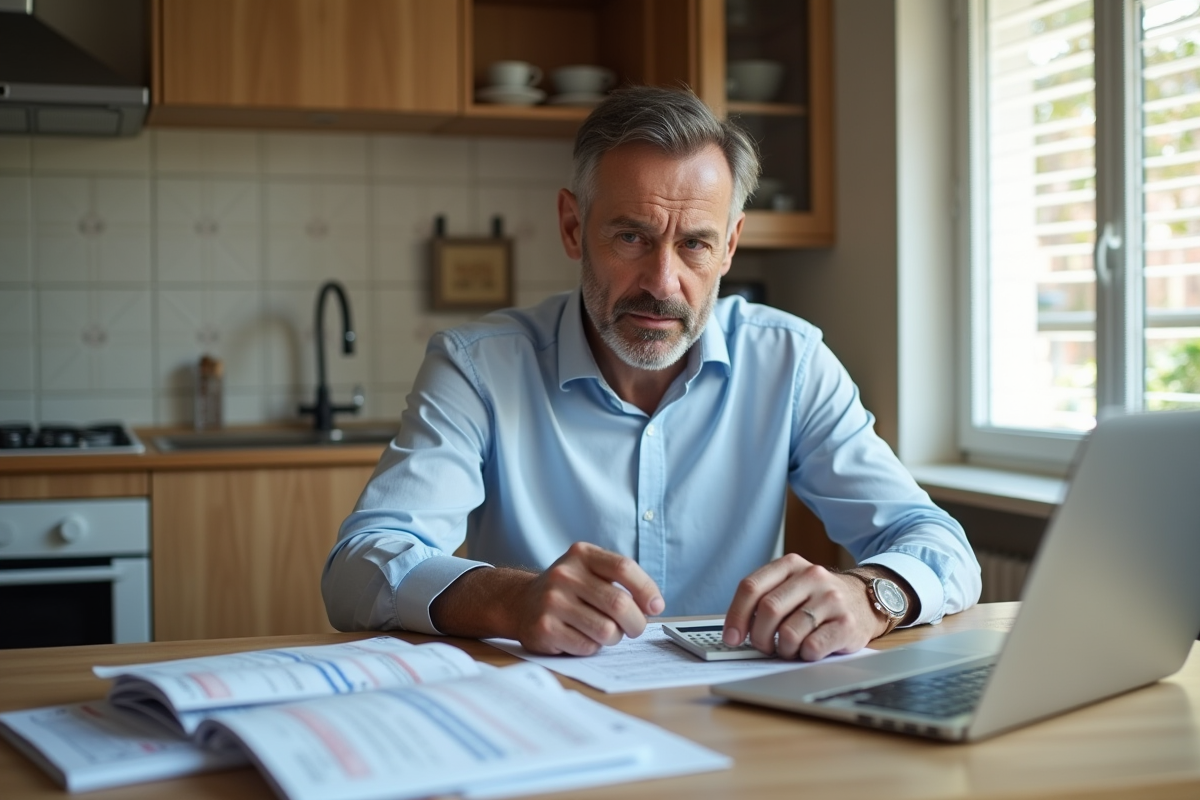 Homme d'âge moyen étudiant documents fiscaux à la maison