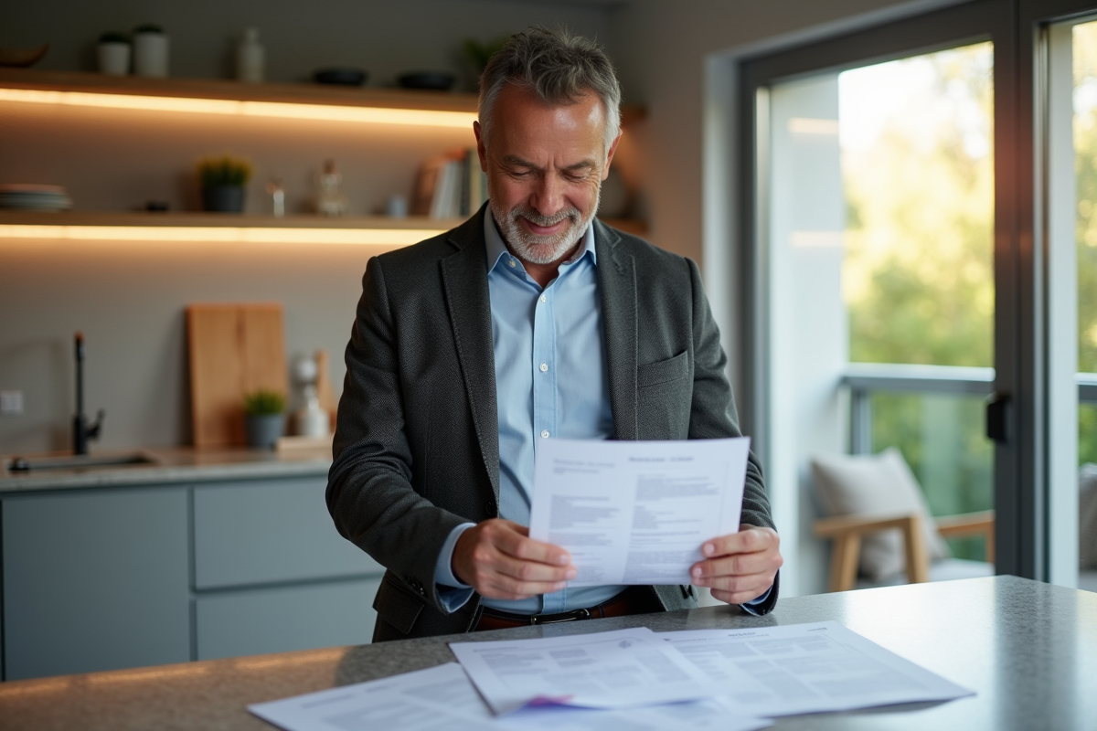Homme d age moyen examinant des documents immobiliers