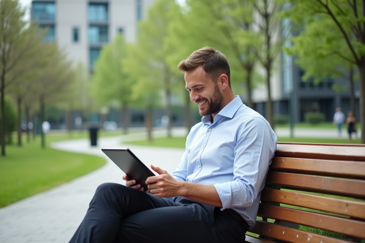Homme souriant analysant ses ventes en plein air dans un parc