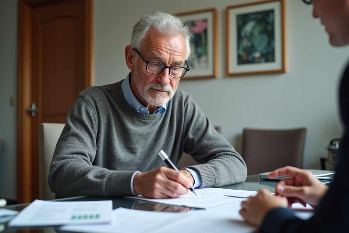 Homme français signant un formulaire de pension en cabinet