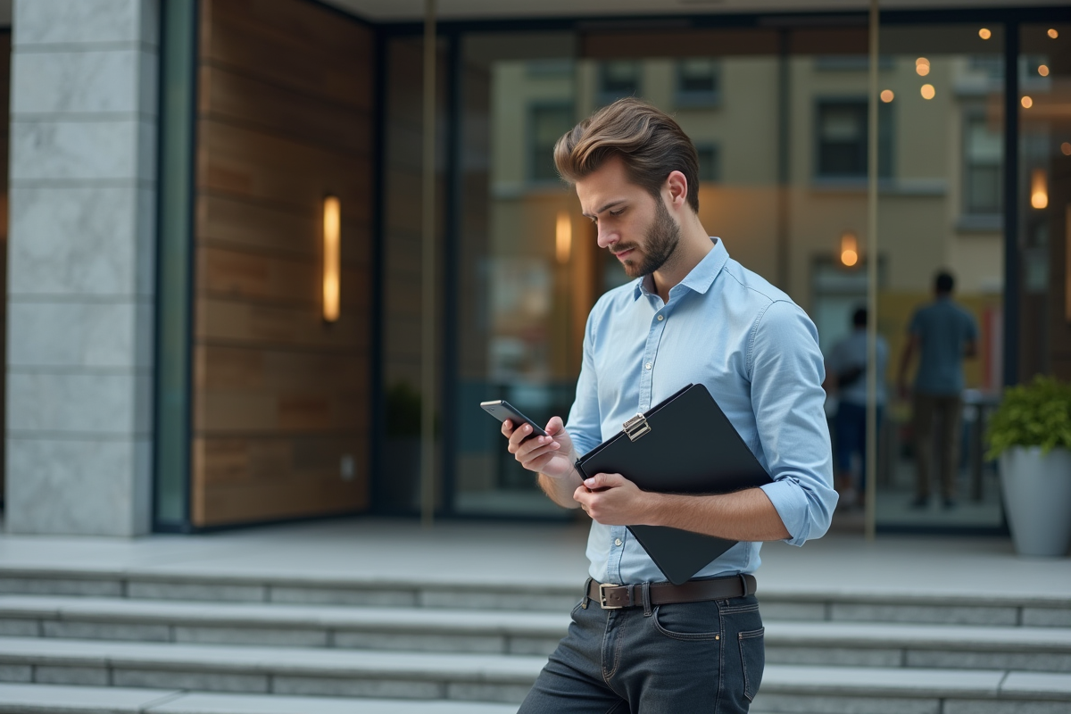 Homme d affaires utilisant son smartphone devant une banque