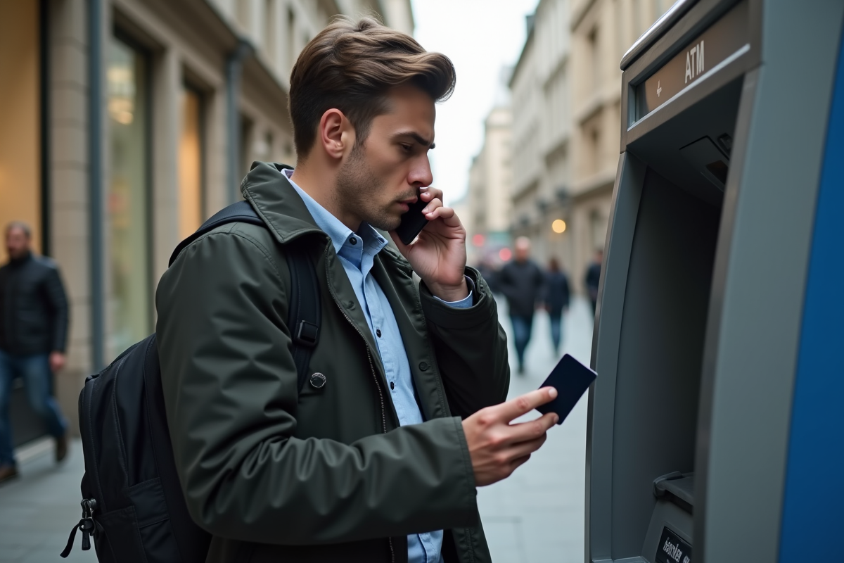 Jeune homme anxieux parlant au téléphone devant un ATM