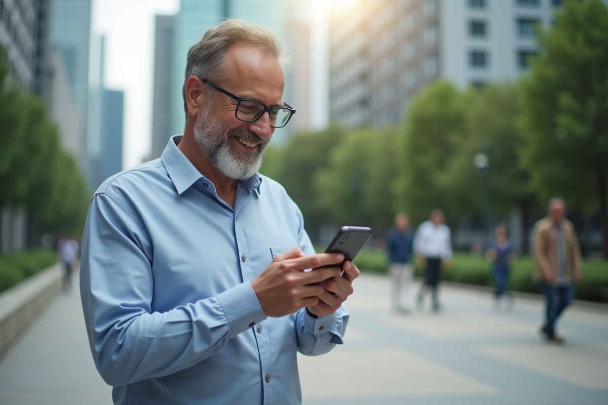 Homme souriant utilisant une application finance decentralisee en extérieur