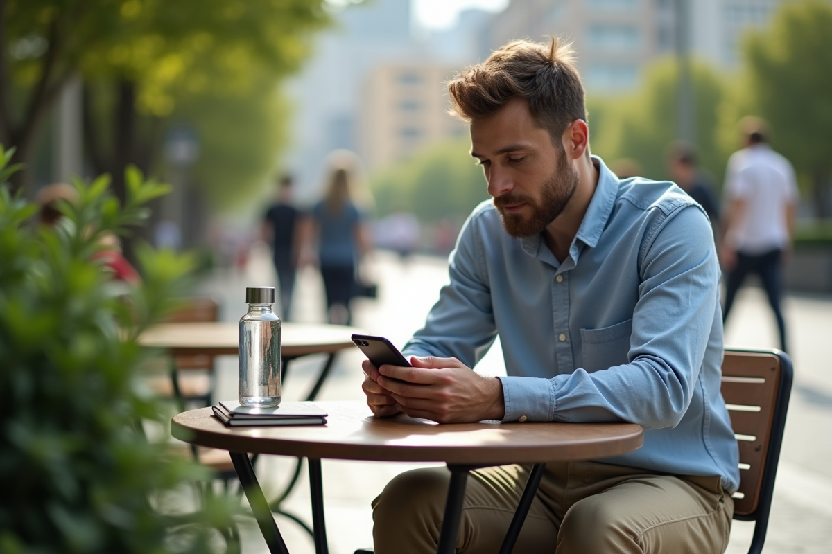 Homme utilisant son smartphone dans un café en ville