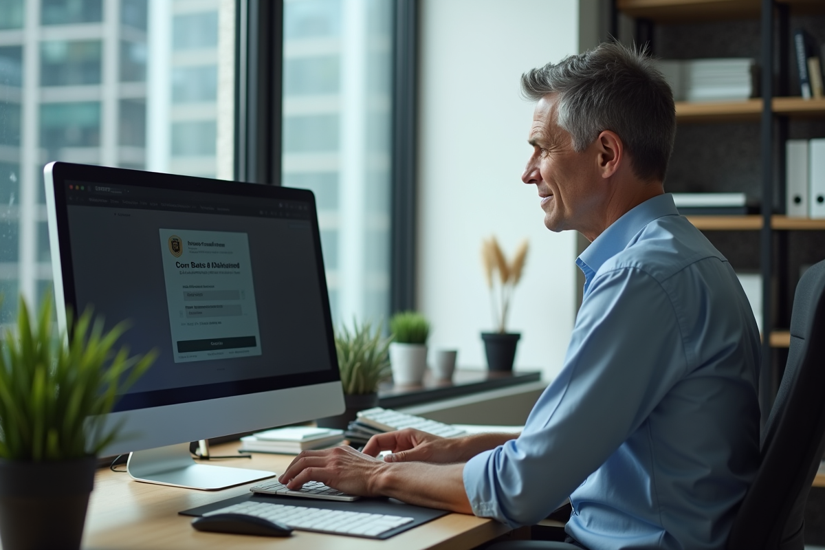 Homme au bureau vérifiant ses notifications de cashback