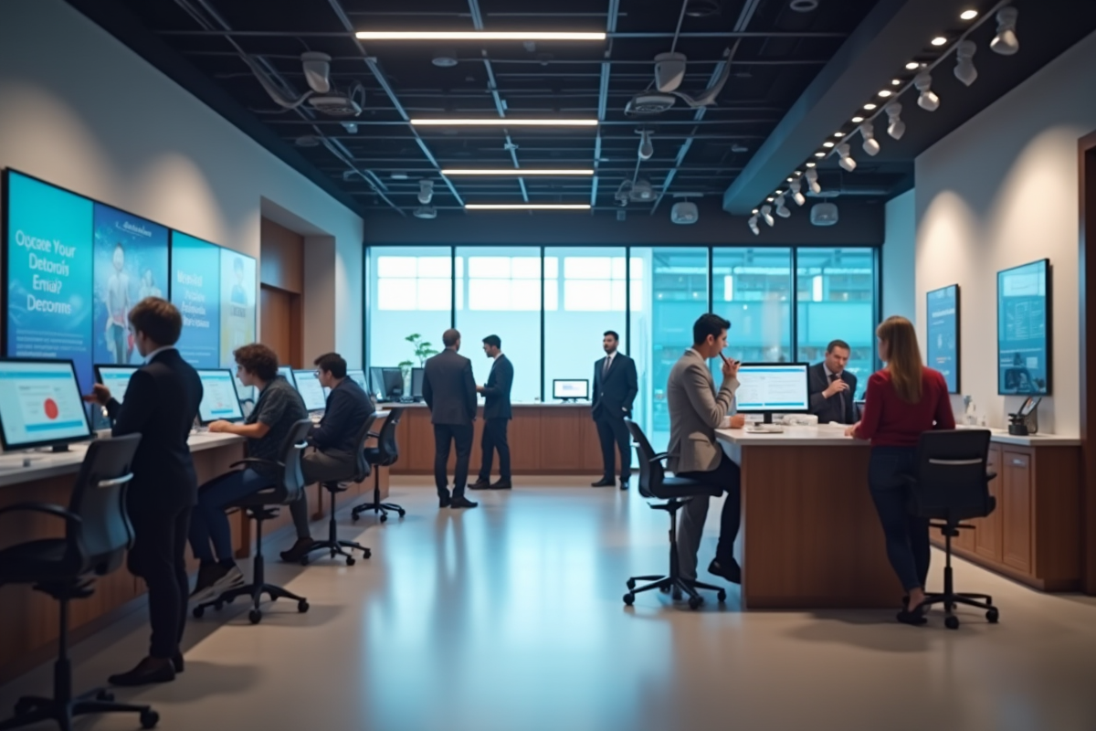 Clients et conseillers dans une agence bancaire moderne
