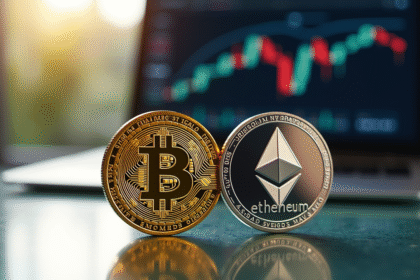 Pièce d'or Bitcoin et pièce d'argent Ethereum face à face