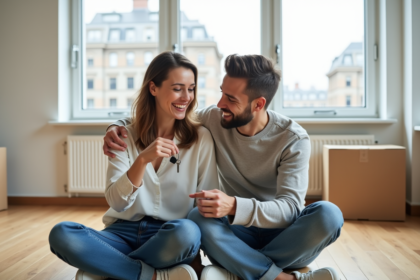 Jeune couple souriant avec clés dans un appartement