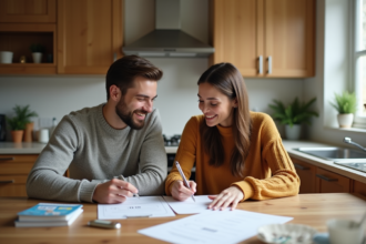 Jeune couple regardant des documents de prêt immobilier