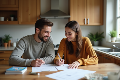 Jeune couple regardant des documents de prêt immobilier