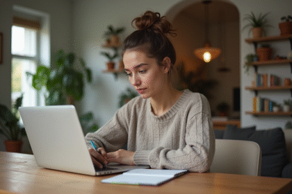 Jeune femme concentrée travaillant à son bureau à la maison