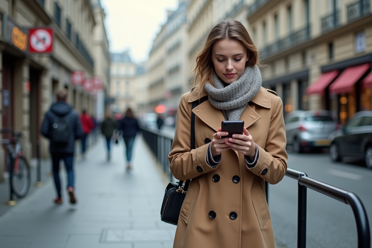 Jeune femme vérifiant ses impôts avec son smartphone dans la rue