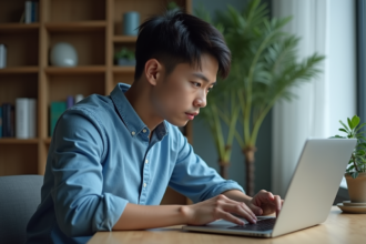 Jeune homme asiatique tapant un code sur son ordinateur