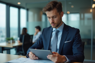 Jeune homme en costume bleu dans un bureau moderne