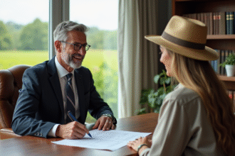 Notaire en costume avec client dans un bureau lumineux
