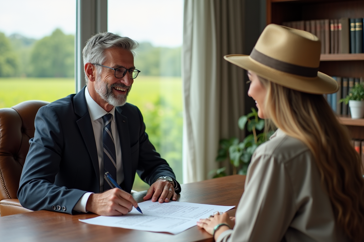 Notaire en costume avec client dans un bureau lumineux
