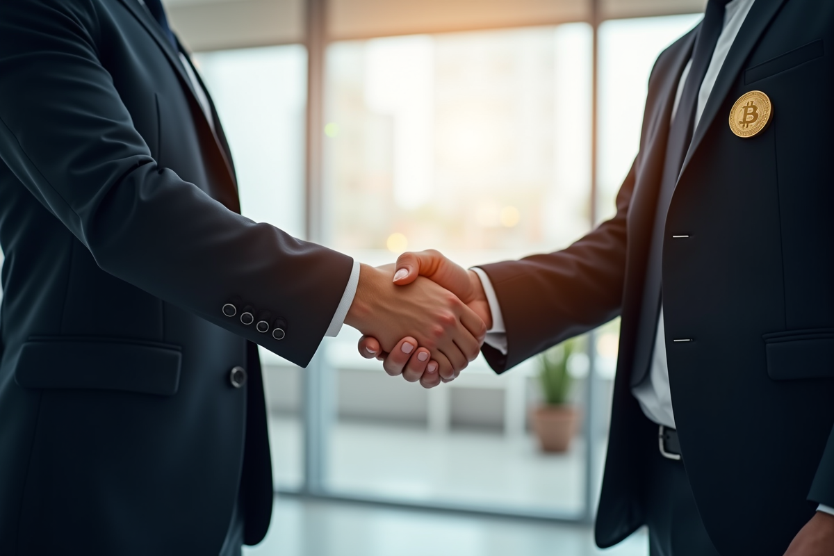 Deux professionnels se serrant la main avec pin Bitcoin et Ethereum