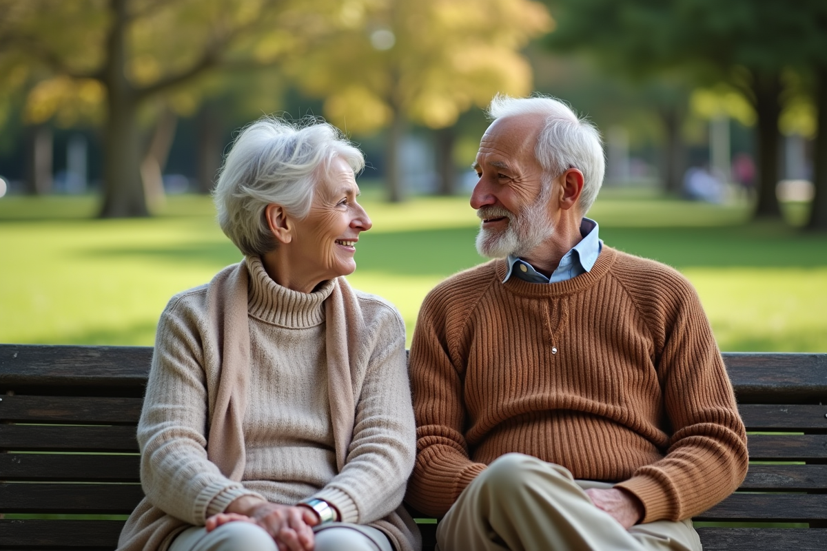 Seniors discutant dans un parc en fin d'après-midi