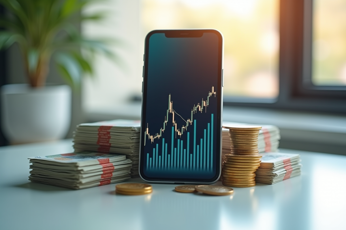 Smartphone avec graphique en hausse et pièces d euro sur une table lumineuse