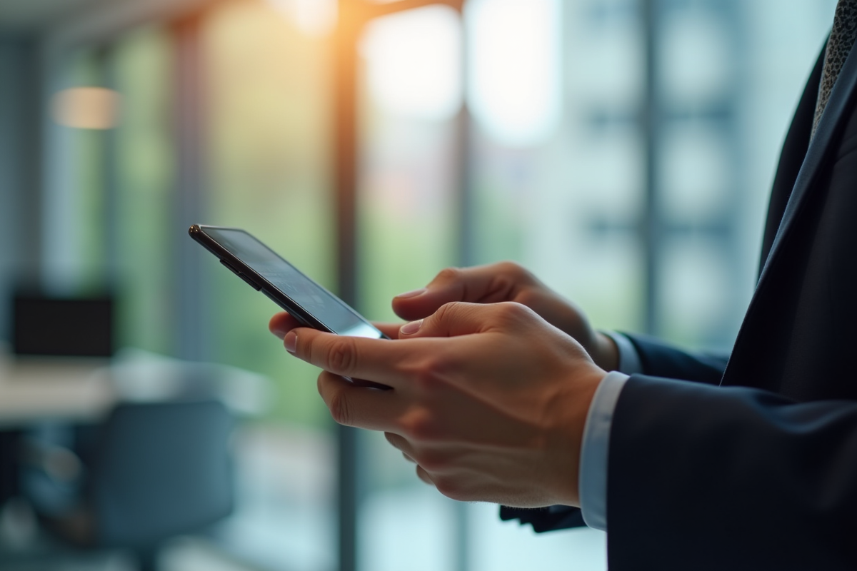 Professionnel utilisant une application bancaire sur smartphone