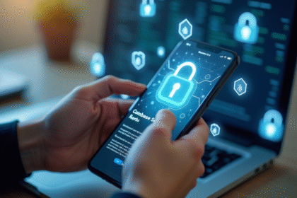 Main tenant un smartphone avec Coinbase et symboles de securite